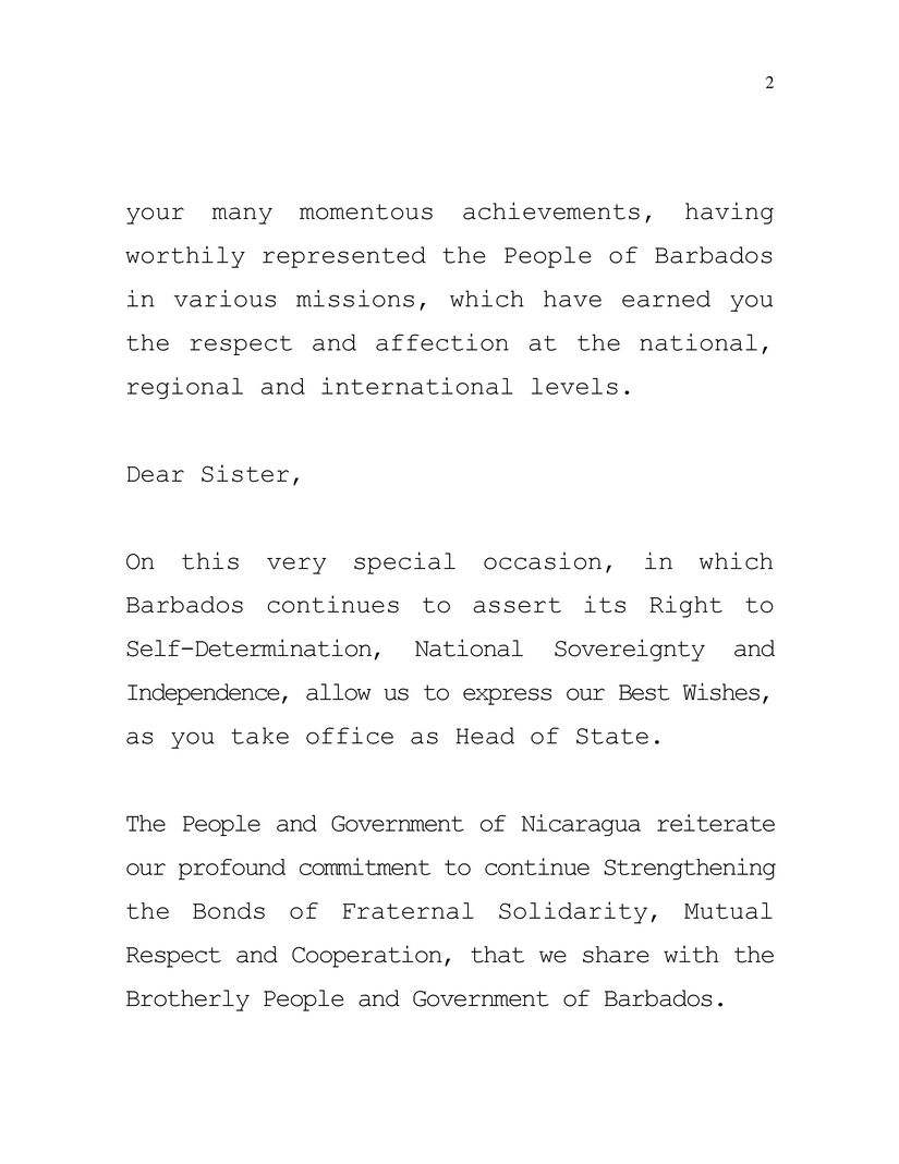 Mensaje del Gobierno de Nicaragua a la Presidenta de Barbados